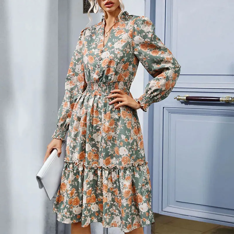 2024 Long Sleeve Printed A-Link Skirt Vestido De Cuello V Cerrado Summer Women's Floral Dress