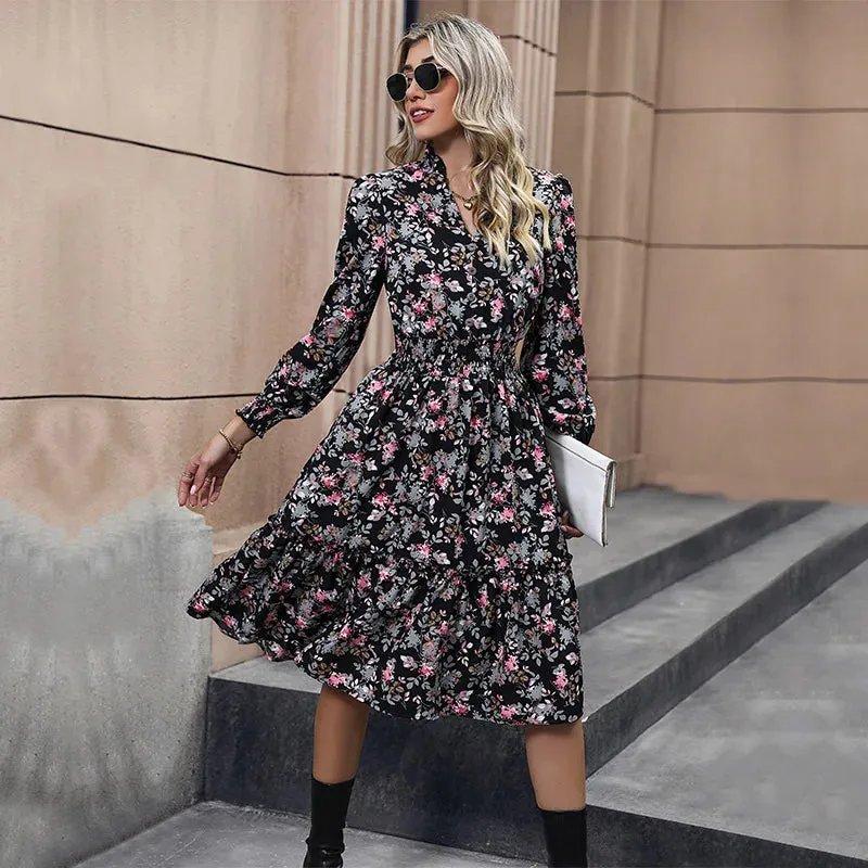 2024 Long Sleeve Printed A-Link Skirt Vestido De Cuello V Cerrado Summer Women's Floral Dress