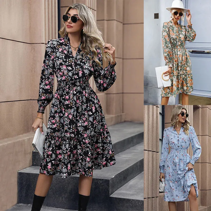 2024 Long Sleeve Printed A-Link Skirt Vestido De Cuello V Cerrado Summer Women's Floral Dress