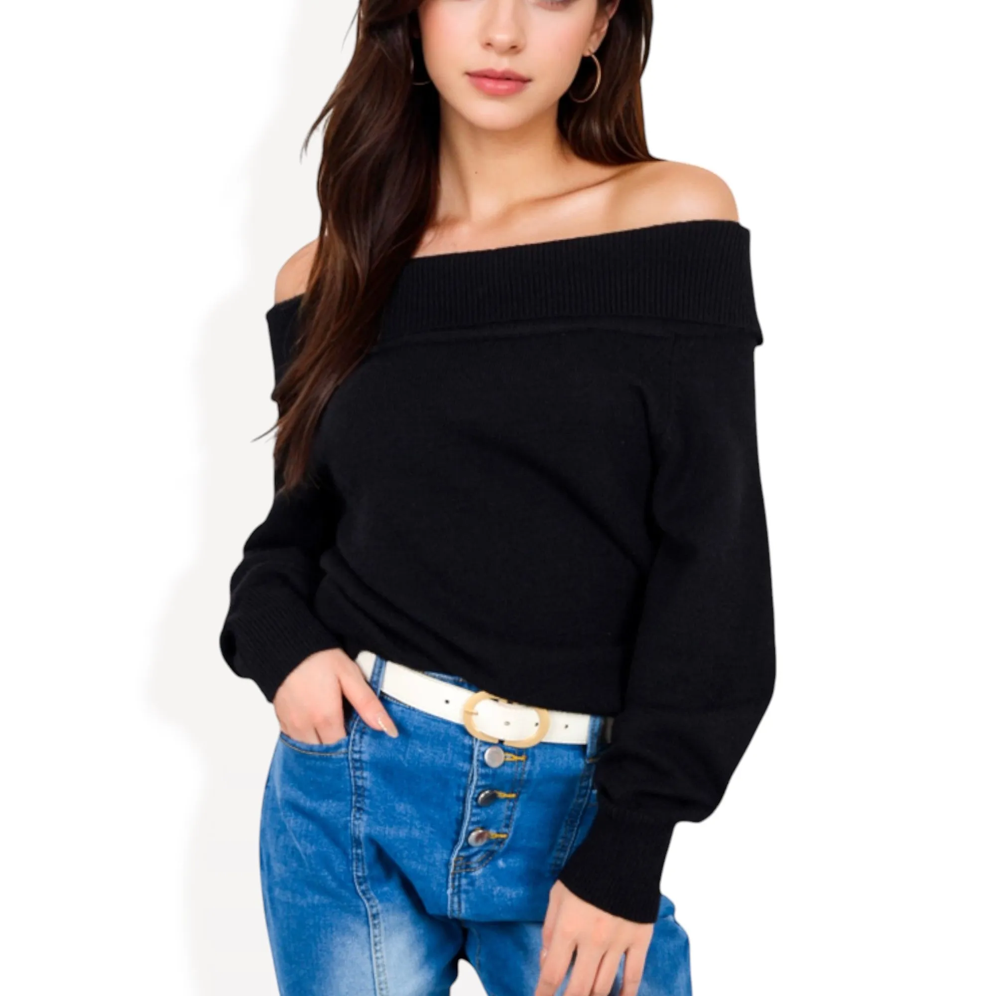 Anna-Kaci Women's Off-Shoulder Ribbed Knit Sweater with Long Sleeves