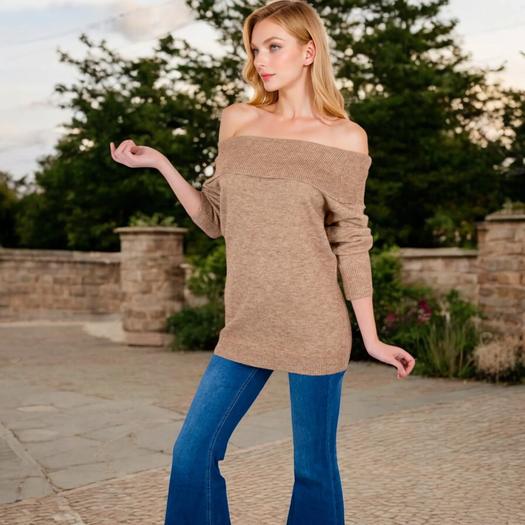 Anna-Kaci Women's Off-Shoulder Ribbed Knit Sweater with Long Sleeves