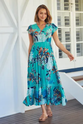 Augustina Button Front Aqua Print Maxi Dress