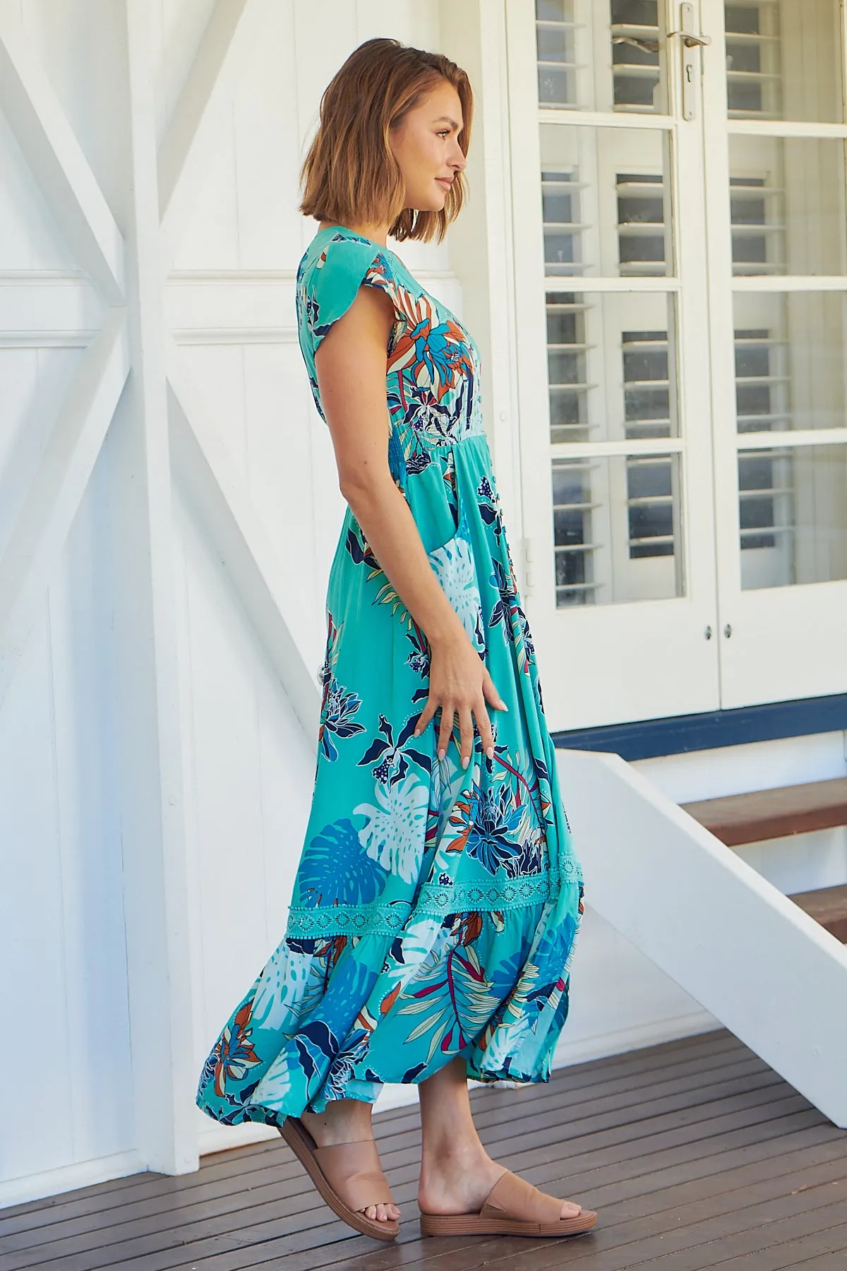 Augustina Button Front Aqua Print Maxi Dress