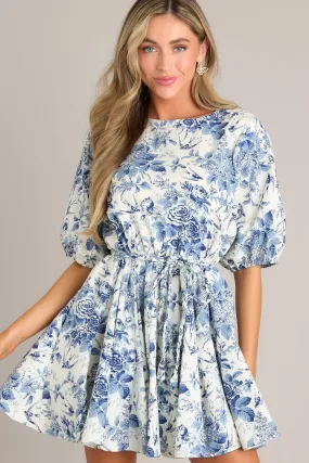 Aurora Amore Ivory & Blue Floral Mini Dress