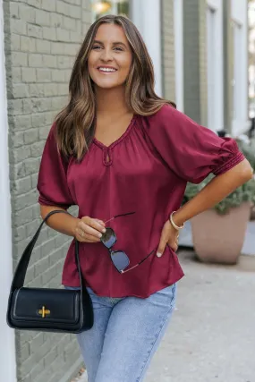 Be Seeing You Puff Sleeve Satin Top - Wine - FINAL SALE