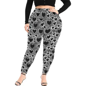 Black and White Groovy Hearts Women's Plus Size High Waited Leggings Women's High Waist Leggings(Plus Size)(ModelL45)