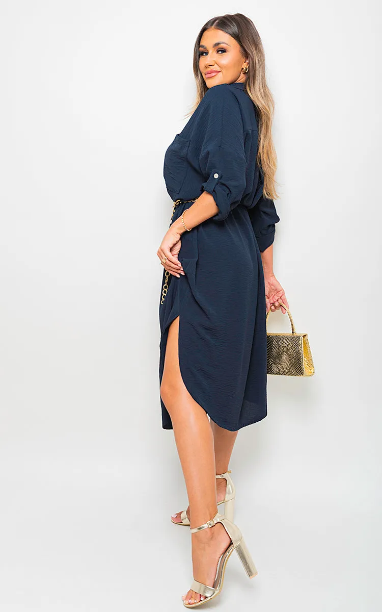 Button Down Pull Up Sleeve Midi Dress with Front Pocket