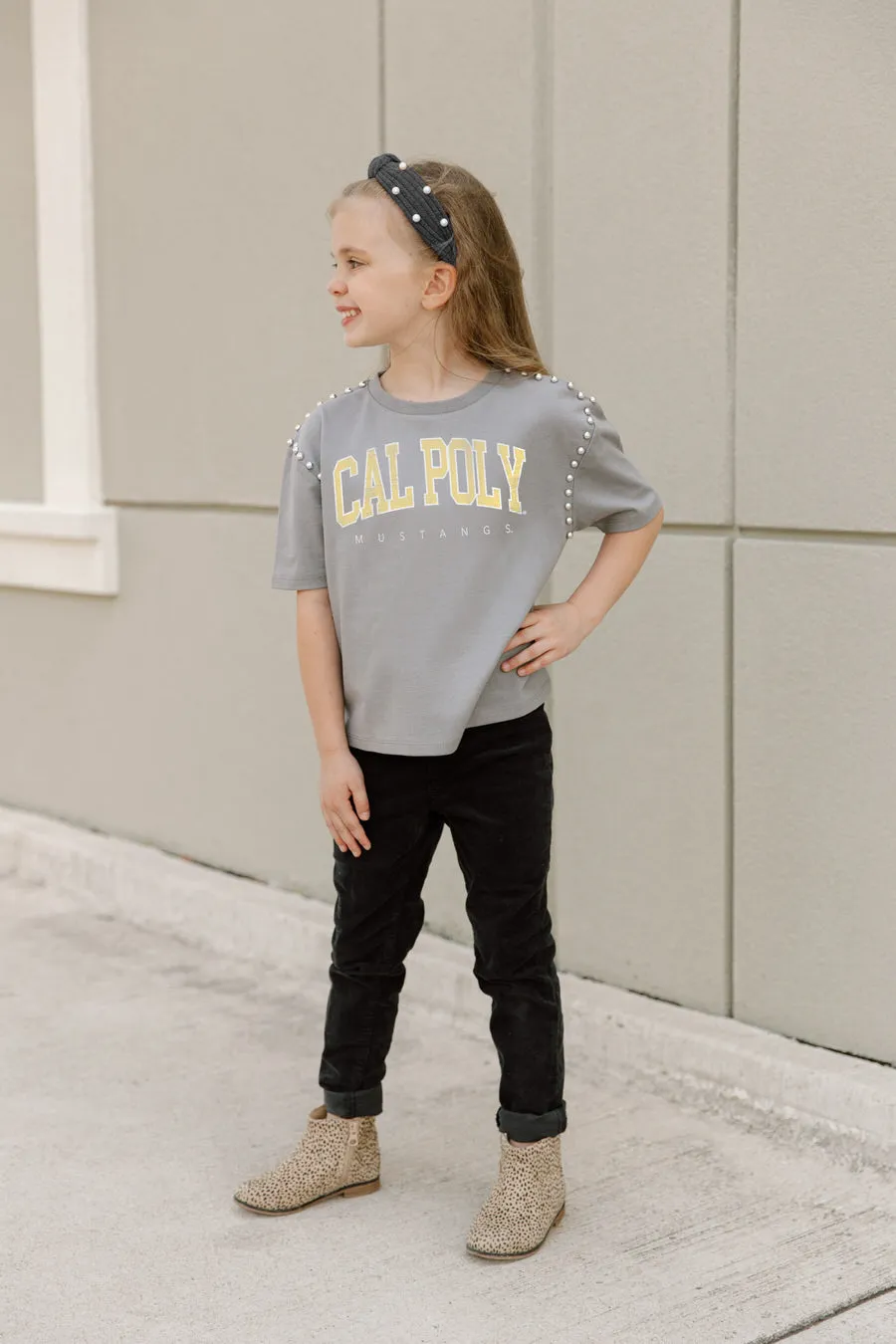 CAL POLY MUSTANGS AFTER PARTY KIDS STUDDED SHORT SLEEVE MODERATELY CROPPED TEE