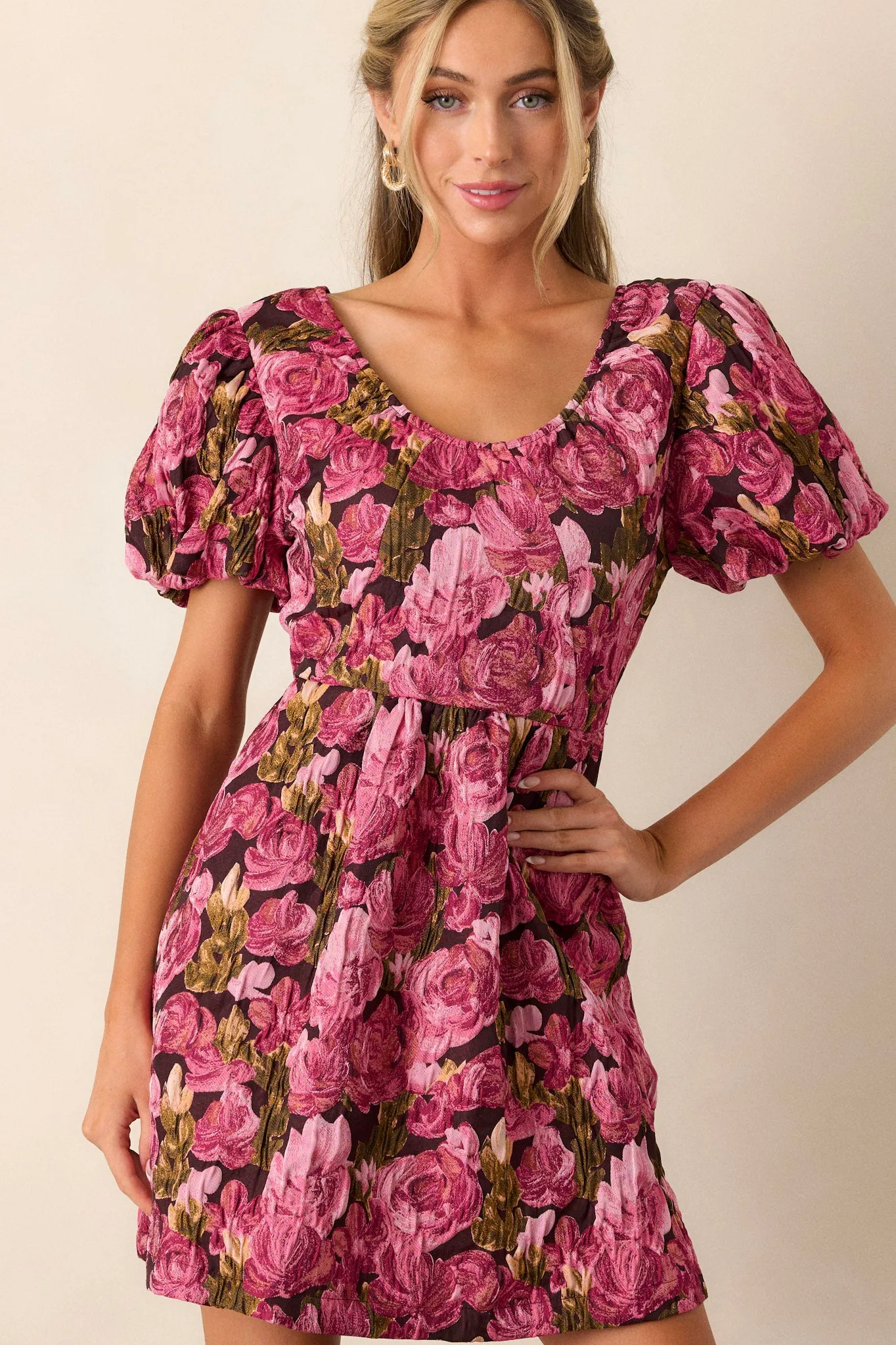 Change Of Pace Berry Floral Jacquard Puff Sleeve Mini Dress