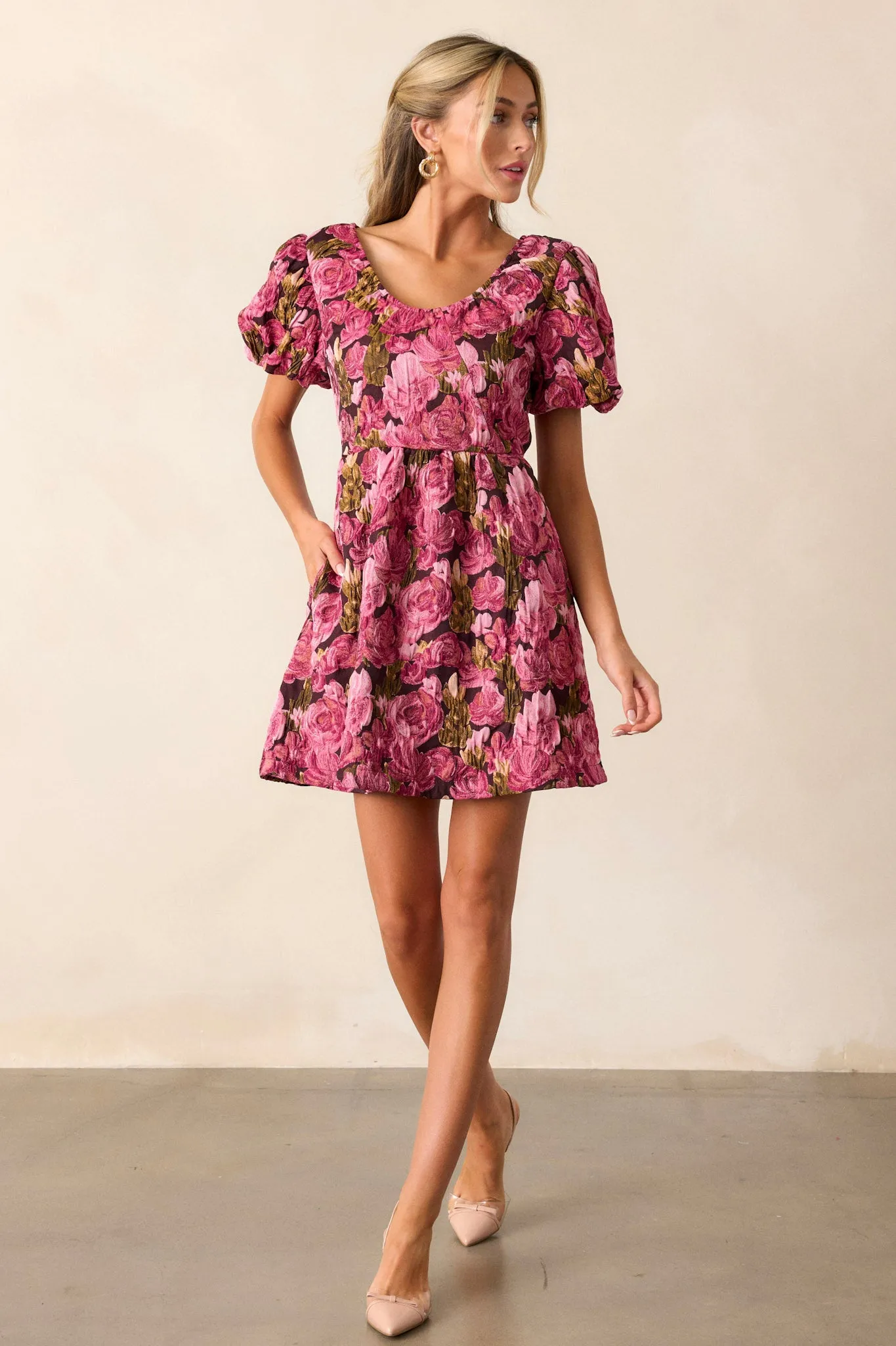 Change Of Pace Berry Floral Jacquard Puff Sleeve Mini Dress