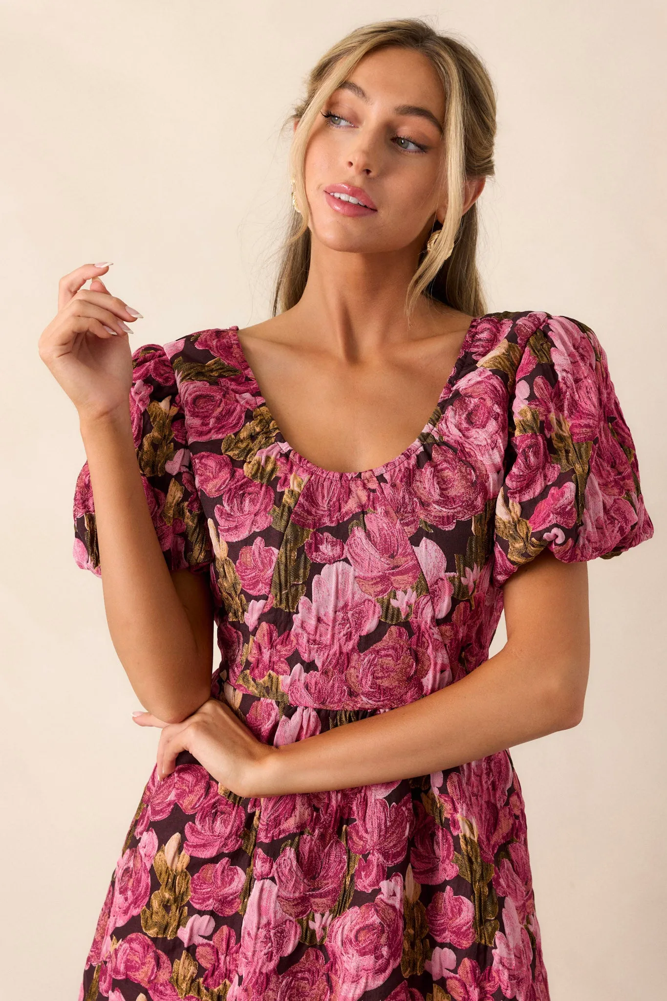 Change Of Pace Berry Floral Jacquard Puff Sleeve Mini Dress