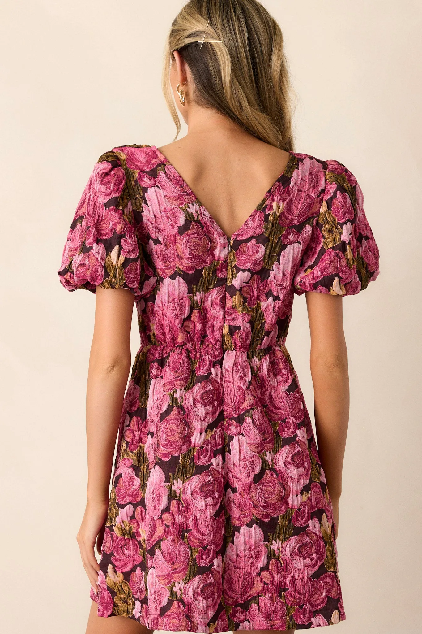 Change Of Pace Berry Floral Jacquard Puff Sleeve Mini Dress