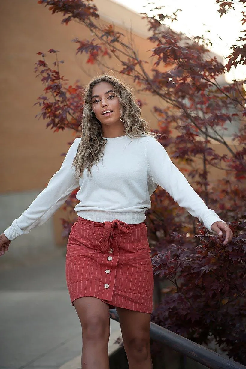 Coconut button Stripe Woven Skirt With Belt in Rust