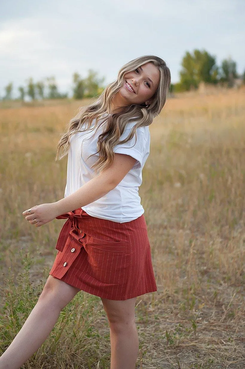 Coconut button Stripe Woven Skirt With Belt in Rust