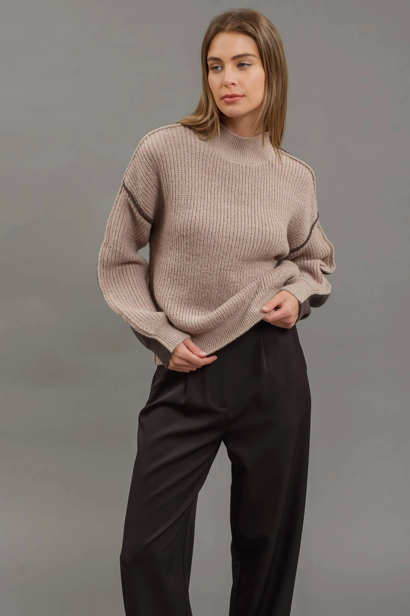 COLORBLOCK MOCK NECK EXPOSED SEAM KNIT SWEATER