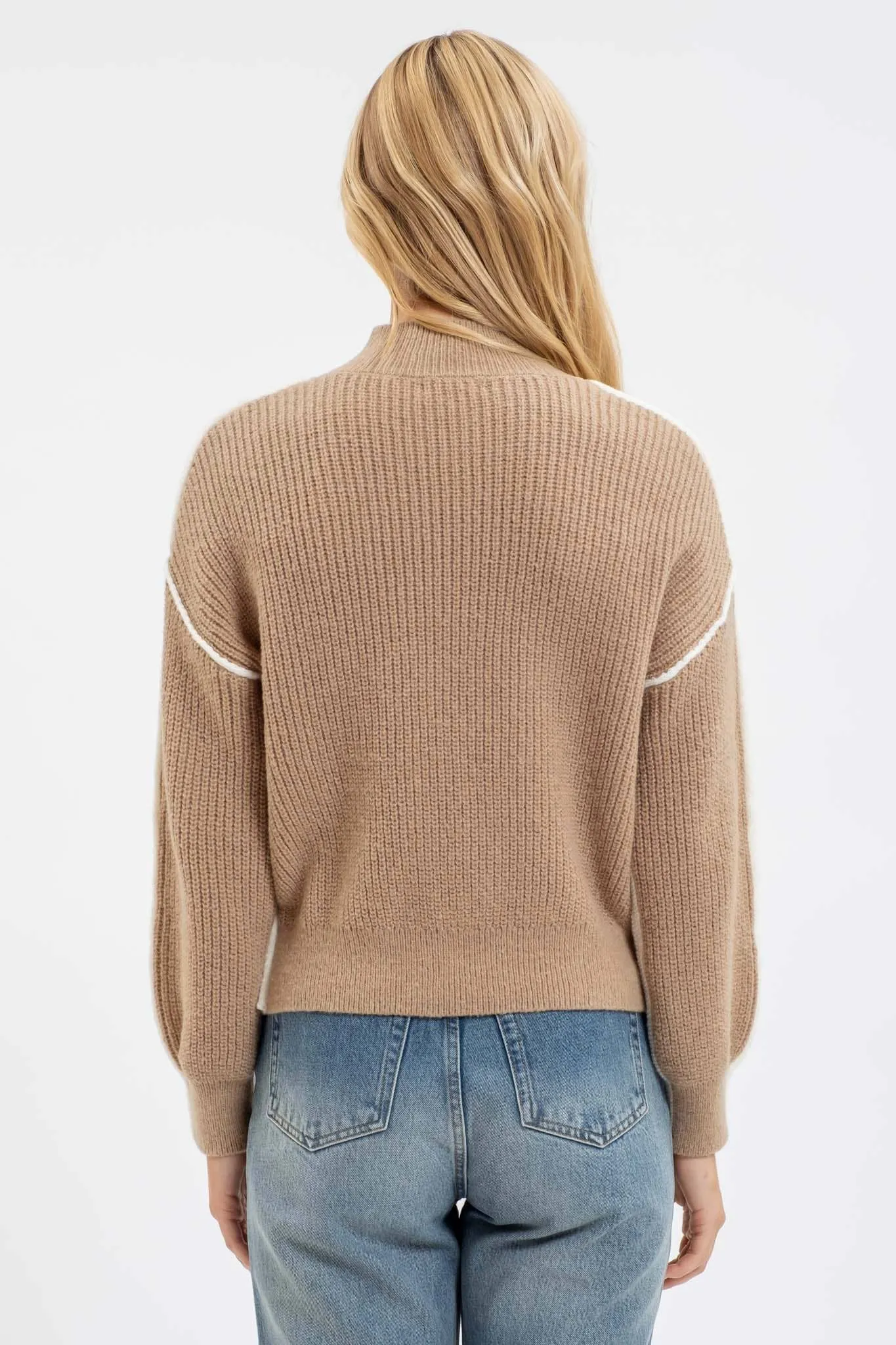 COLORBLOCK MOCK NECK EXPOSED SEAM KNIT SWEATER