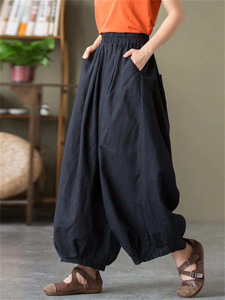 Comfortable Cotton Linen Elastic Waist Lantern Pants for Female