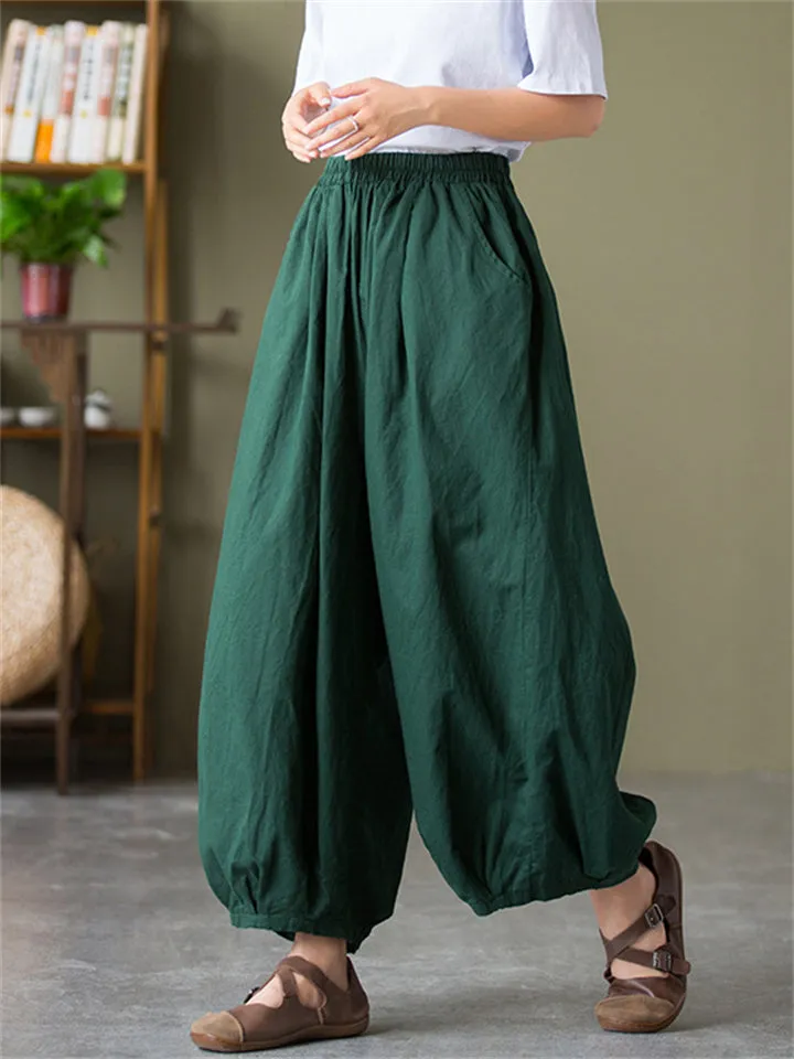 Comfortable Cotton Linen Elastic Waist Lantern Pants for Female