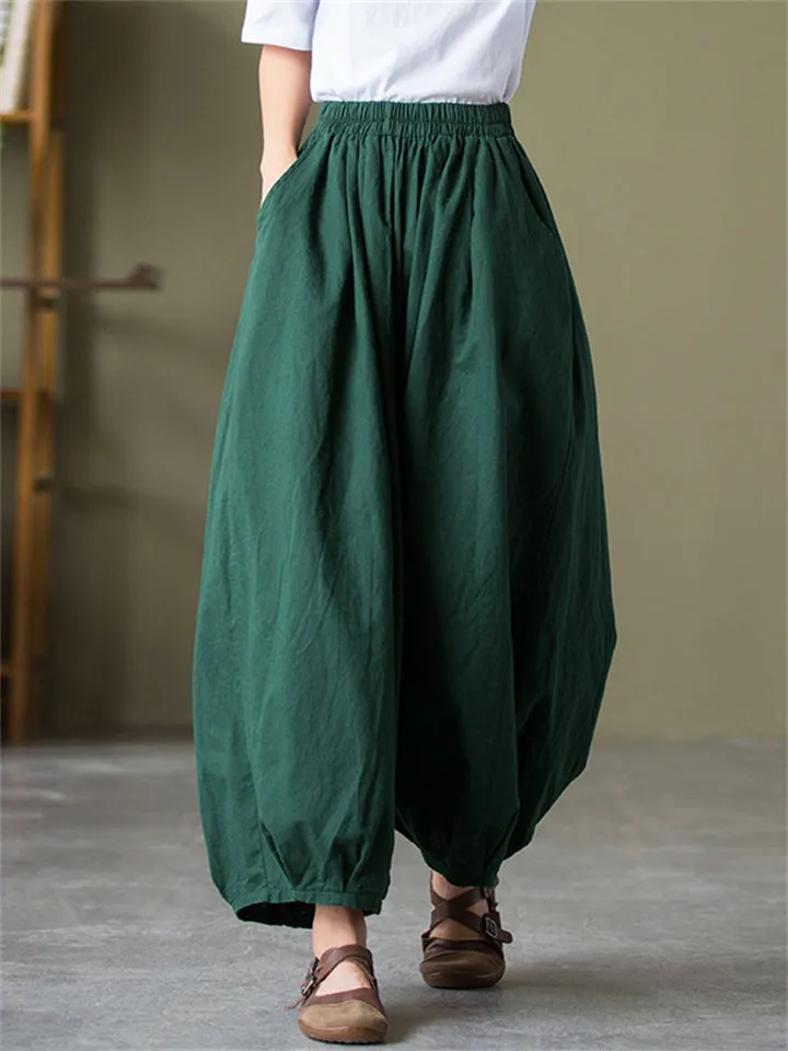 Comfortable Cotton Linen Elastic Waist Lantern Pants for Female