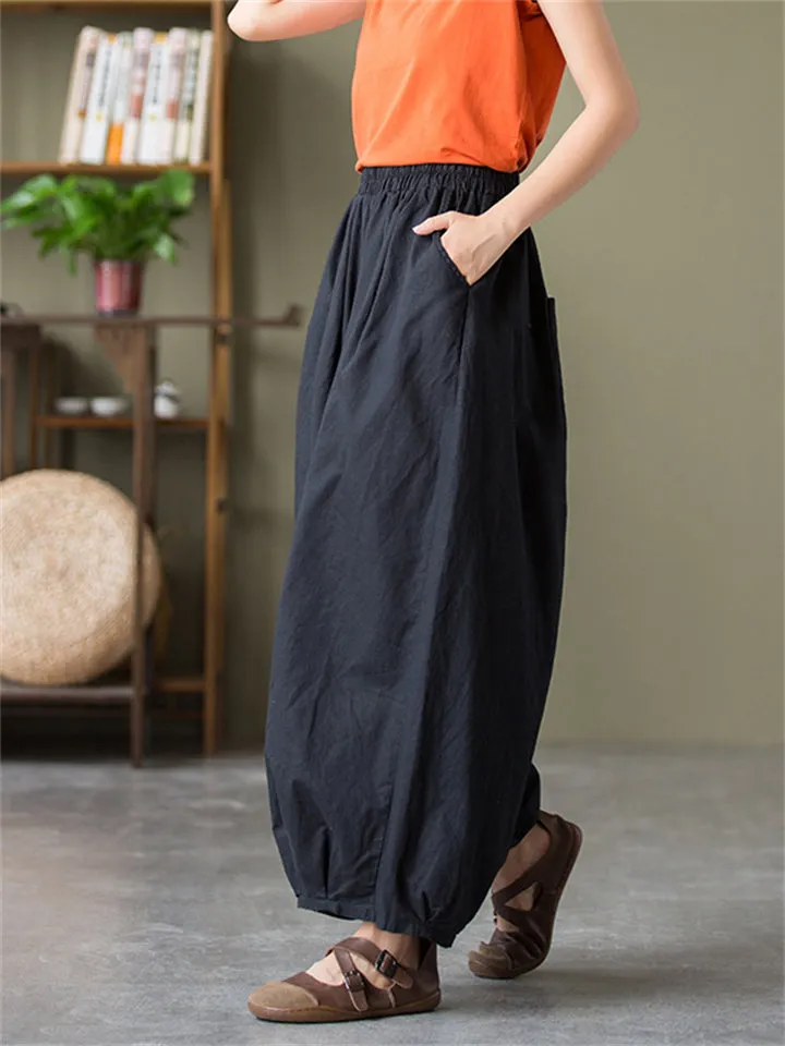 Comfortable Cotton Linen Elastic Waist Lantern Pants for Female