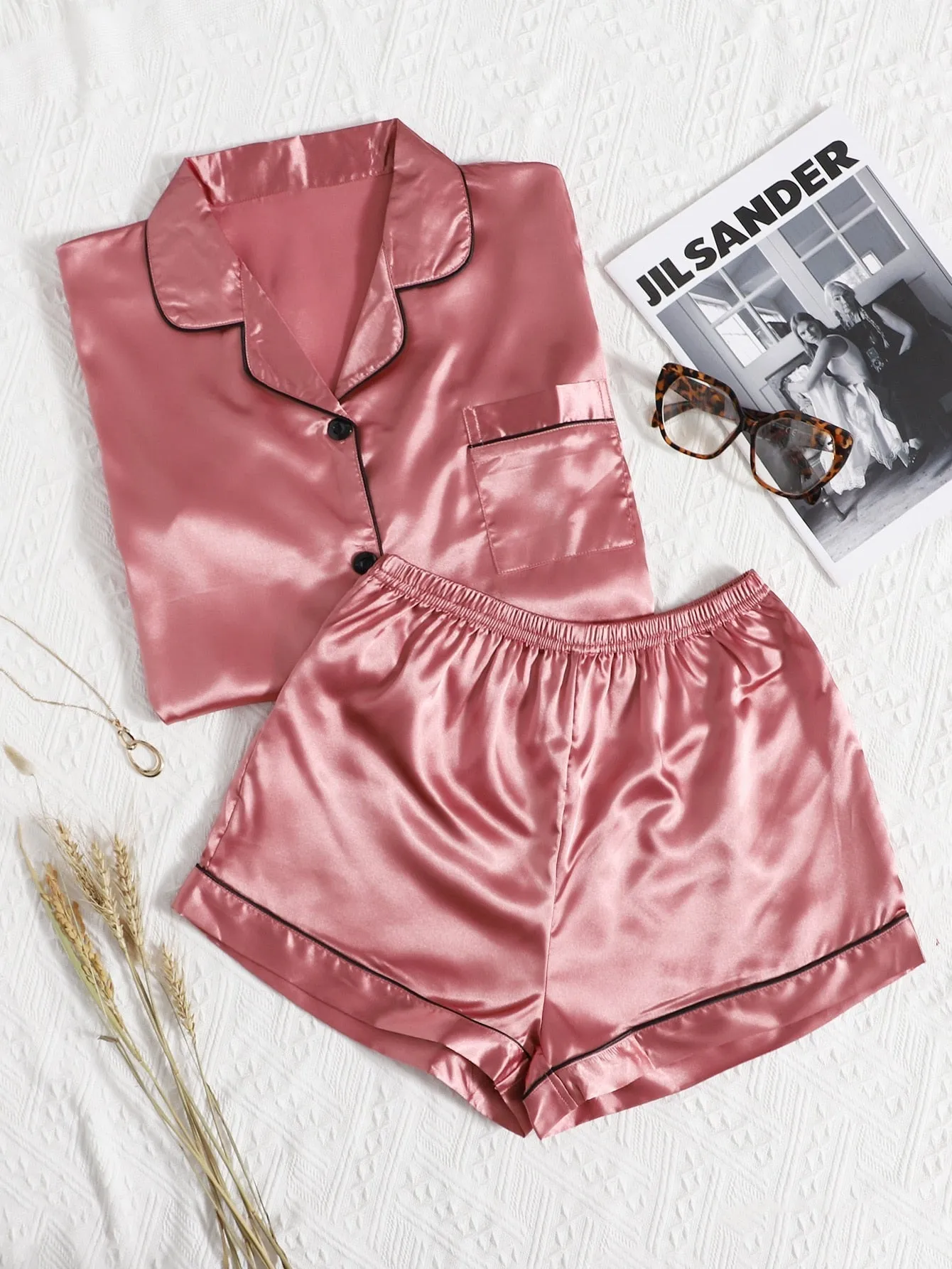 Contrast Binding Satin Pajama Set - Luxurious Sleepwear for Women