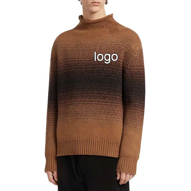 Custom 100% Cotton Men Knit Pullover Sweater - OEM/ODM Sweater Manufacturer with Logo and Gradient Ramp Turtleneck Knitwear