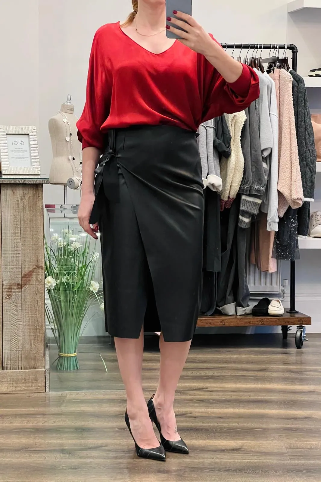 Faux Leather Wrap Over Midi Skirt