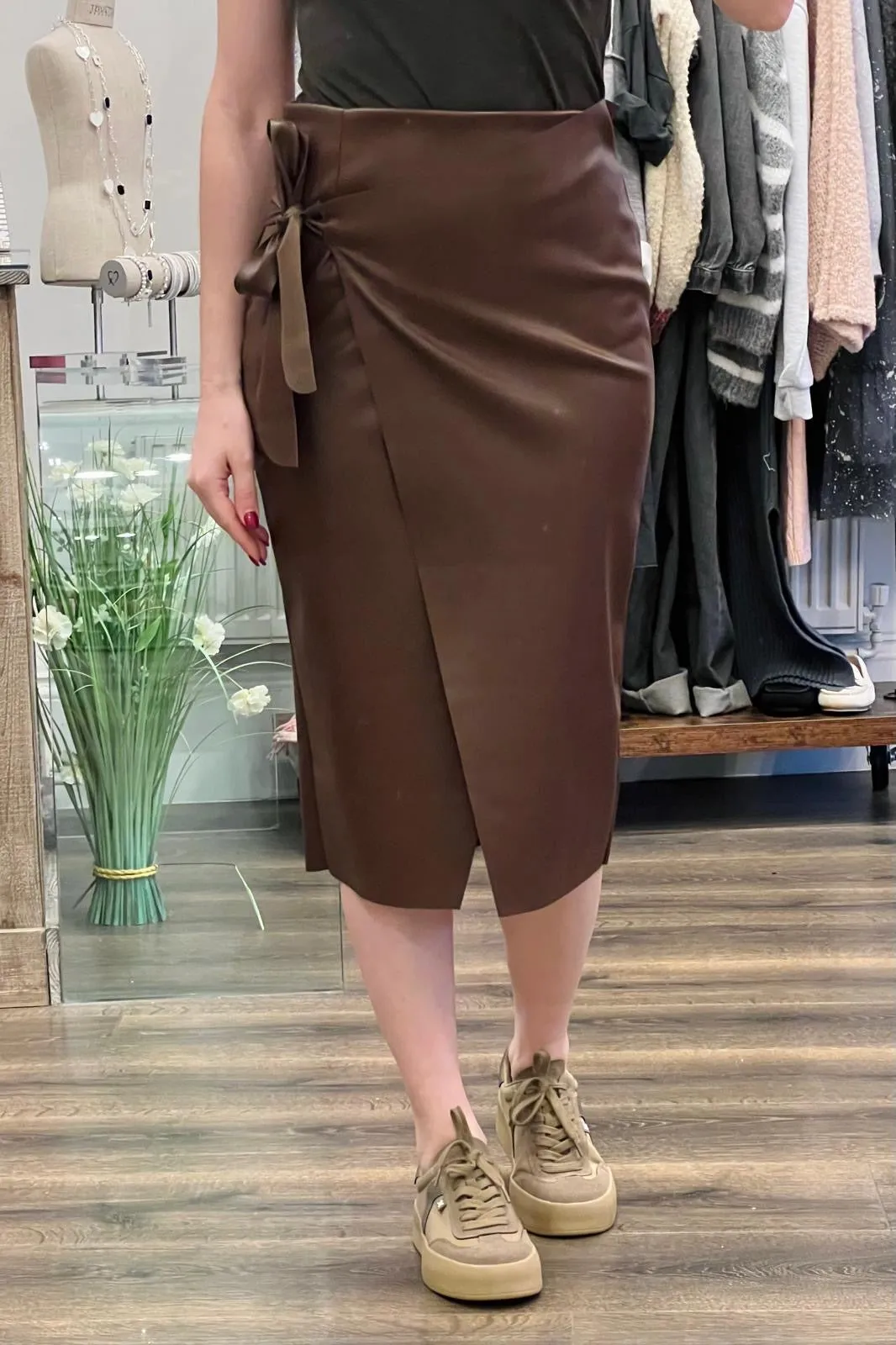 Faux Leather Wrap Over Midi Skirt