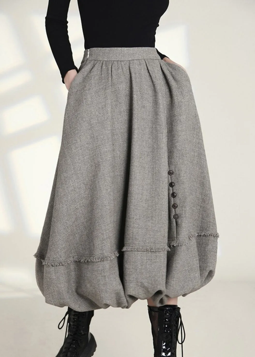 French Grey Zippered Pockets High Waist Cotton Skirts Spring AS1006