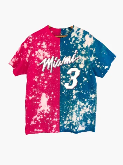 Handmade Miami Heat Pink Blue Vice Hand Bleached Half and Half T-shirt or Crew