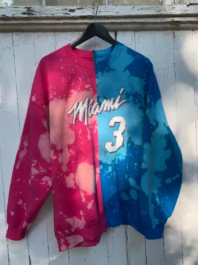 Handmade Miami Heat Pink Blue Vice Hand Bleached Half and Half T-shirt or Crew