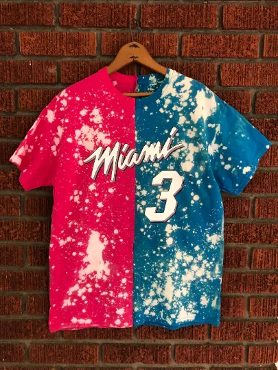 Handmade Miami Heat Pink Blue Vice Hand Bleached Half and Half T-shirt or Crew