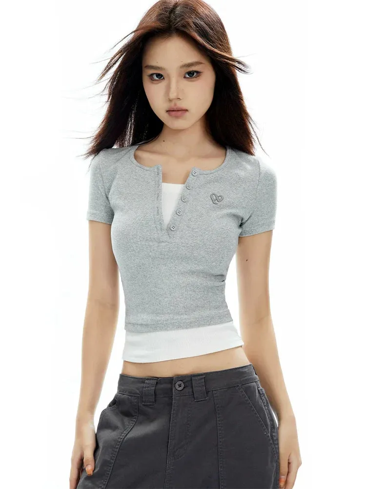 Henley Crop Top with Short Sleeves