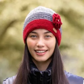 Ladies Crochet  Hat with flower - Red