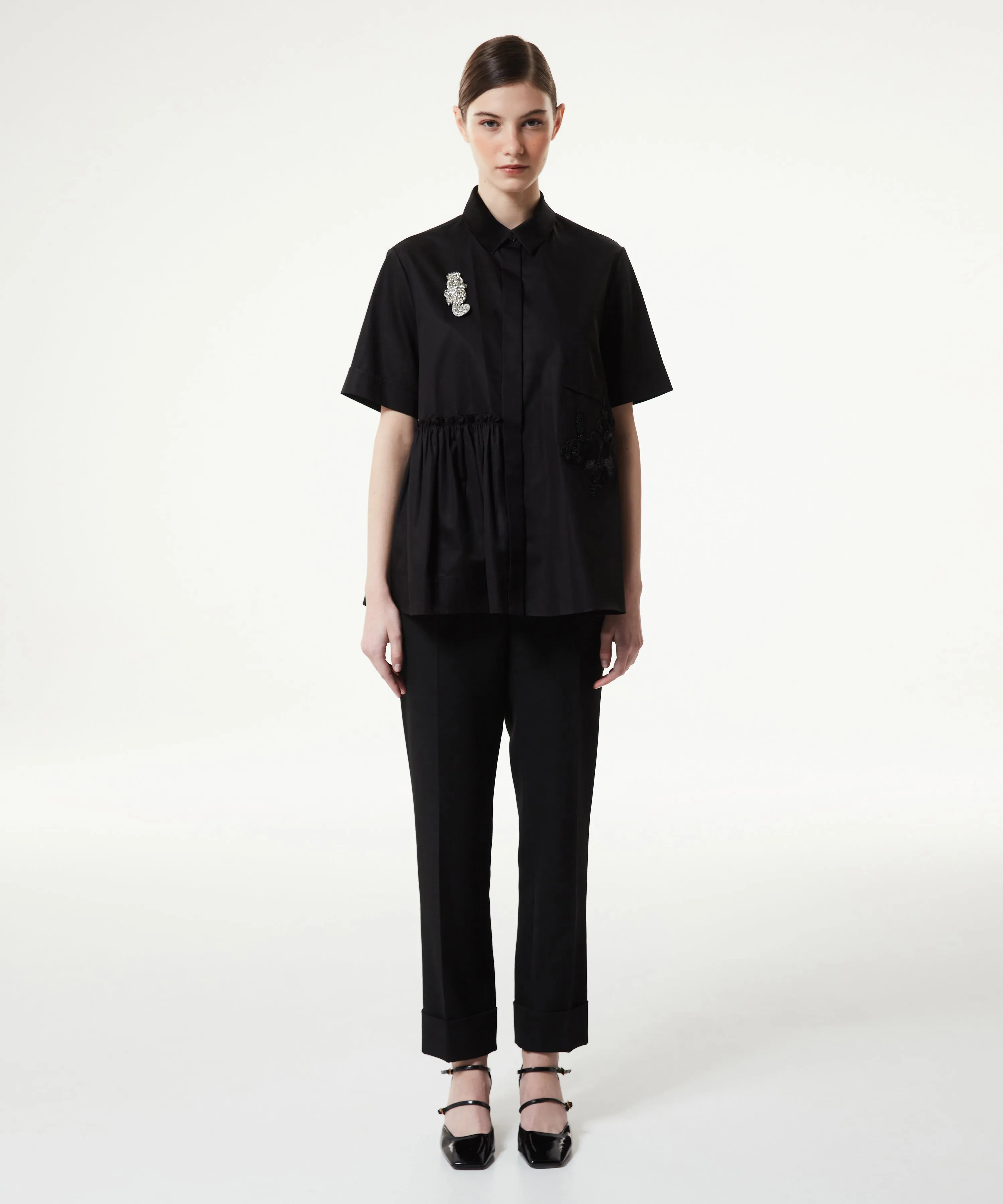 Machka Asymmetric Flounce Embroidered Shirt Black