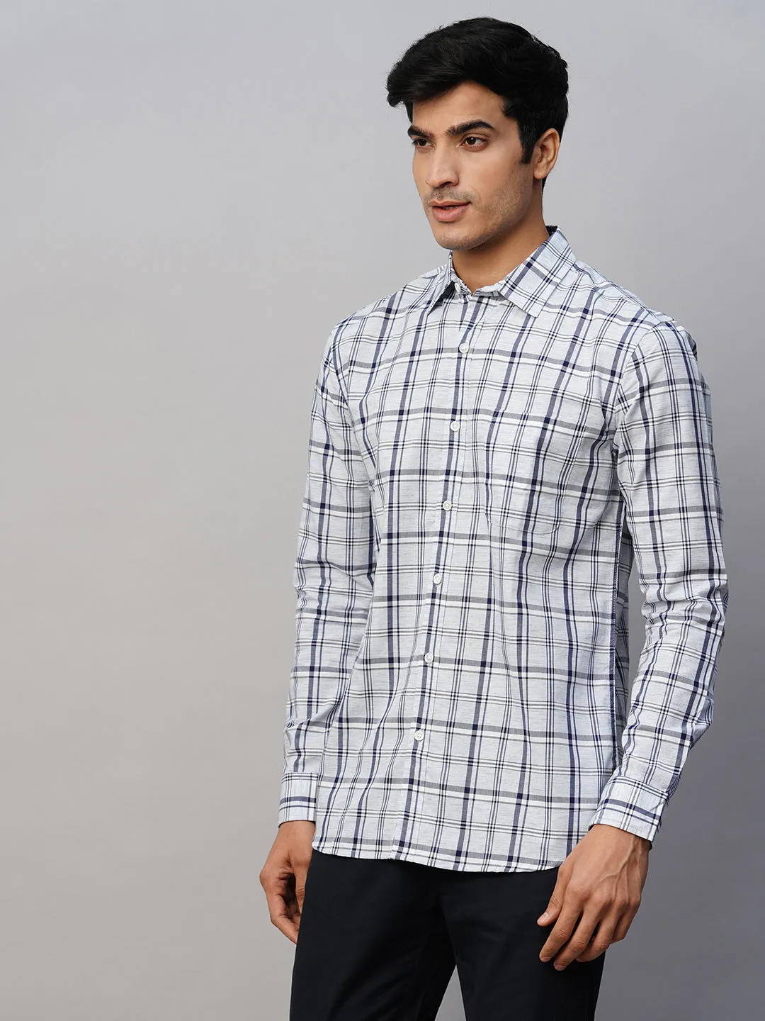 Men's Blue Linen Cotton Lyocell Regular Fit Checked Shirt