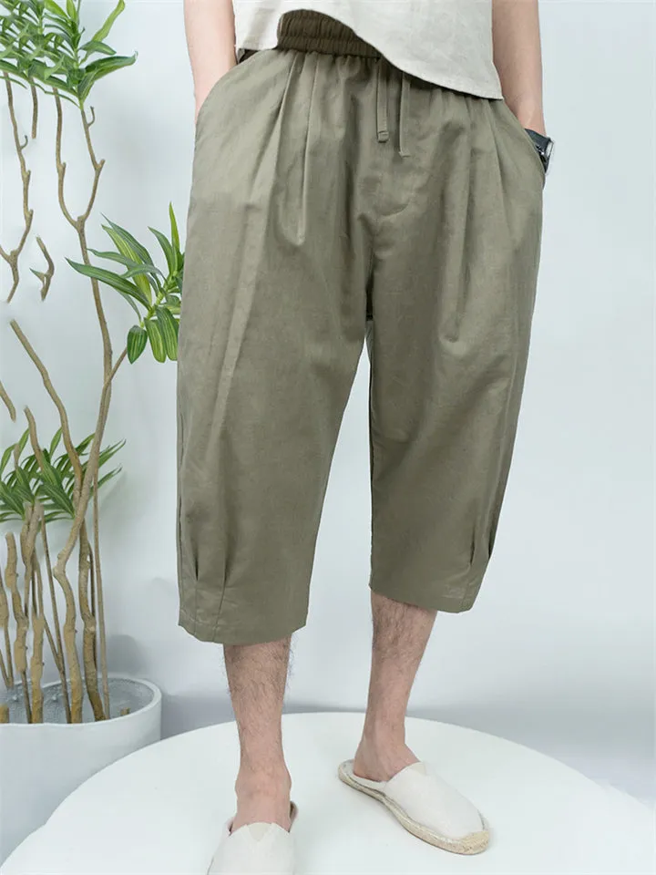 Men's Solid Color Comfortable Linen Cropped Pants for Summer