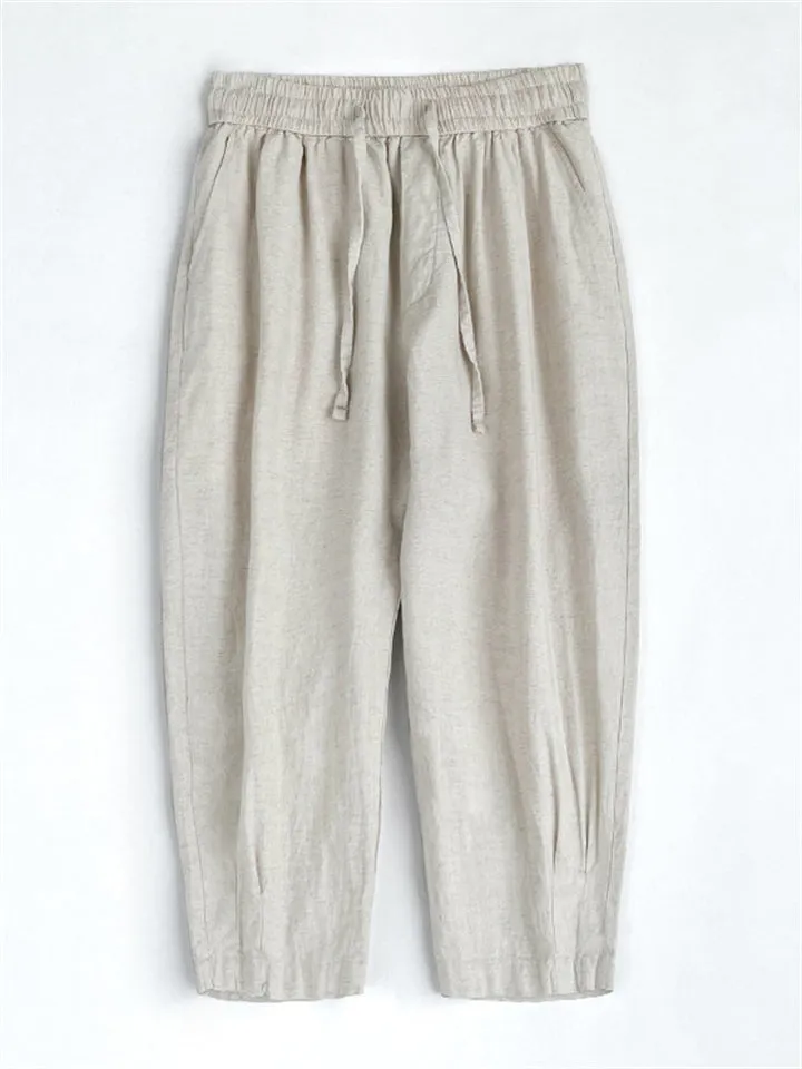 Men's Solid Color Comfortable Linen Cropped Pants for Summer