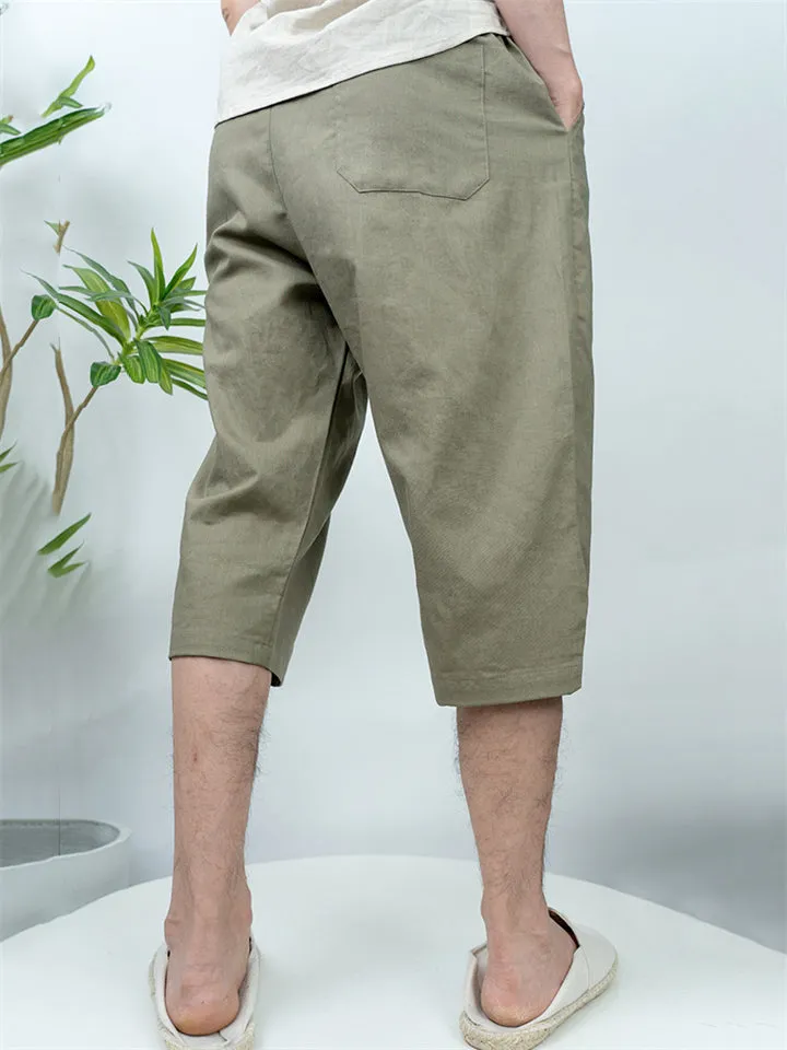 Men's Solid Color Comfortable Linen Cropped Pants for Summer