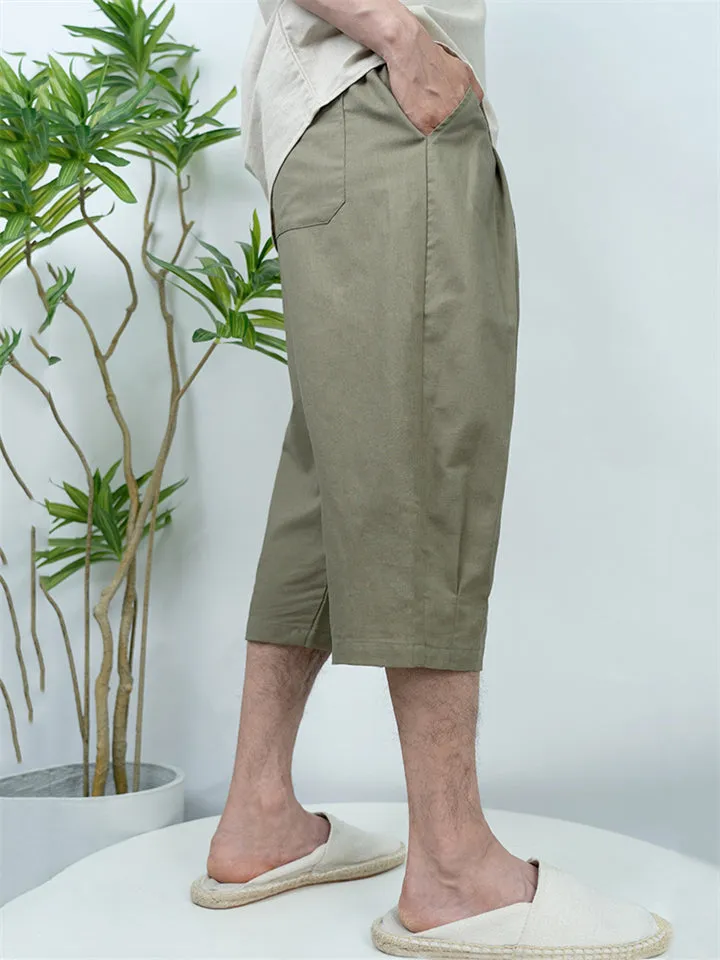 Men's Solid Color Comfortable Linen Cropped Pants for Summer