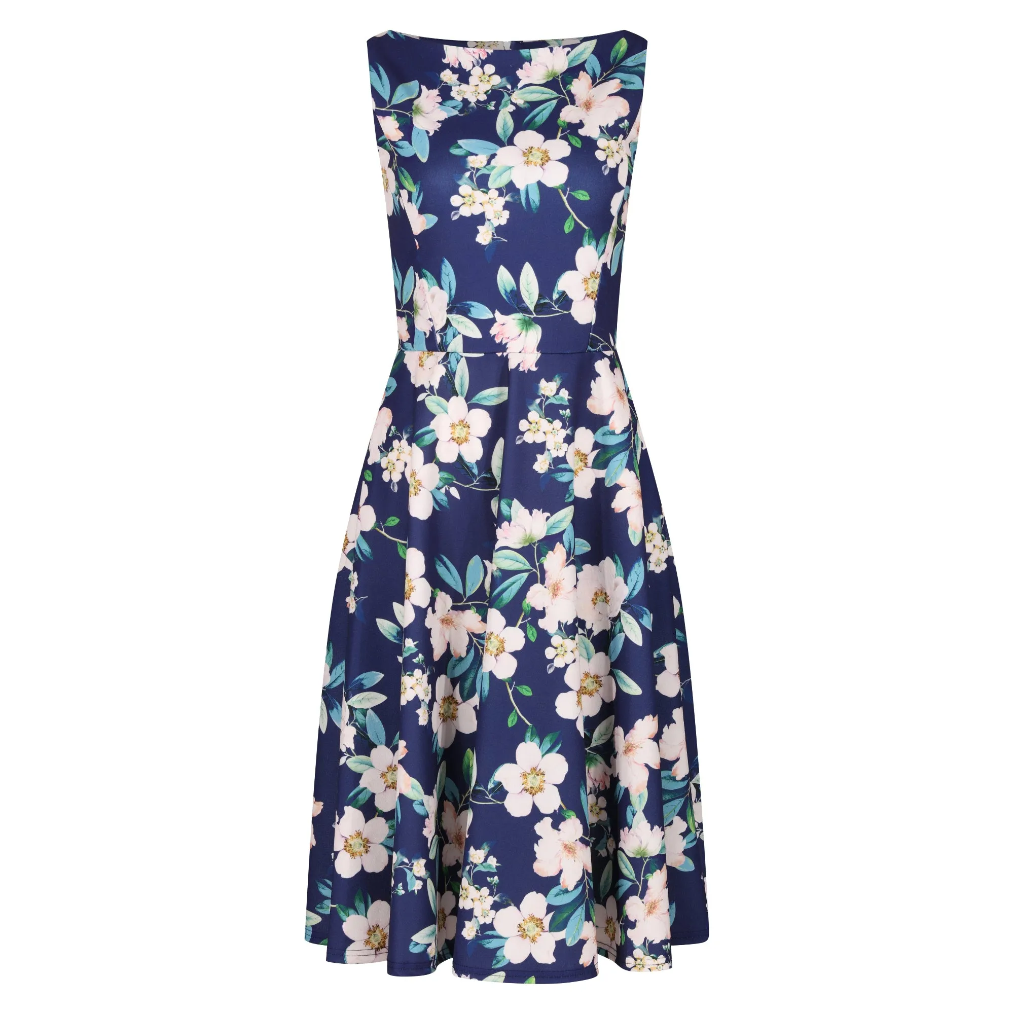 Navy Blue Floral Audrey Hepburn Style Sleeveless 50s Swing Dress With Boat Neckline