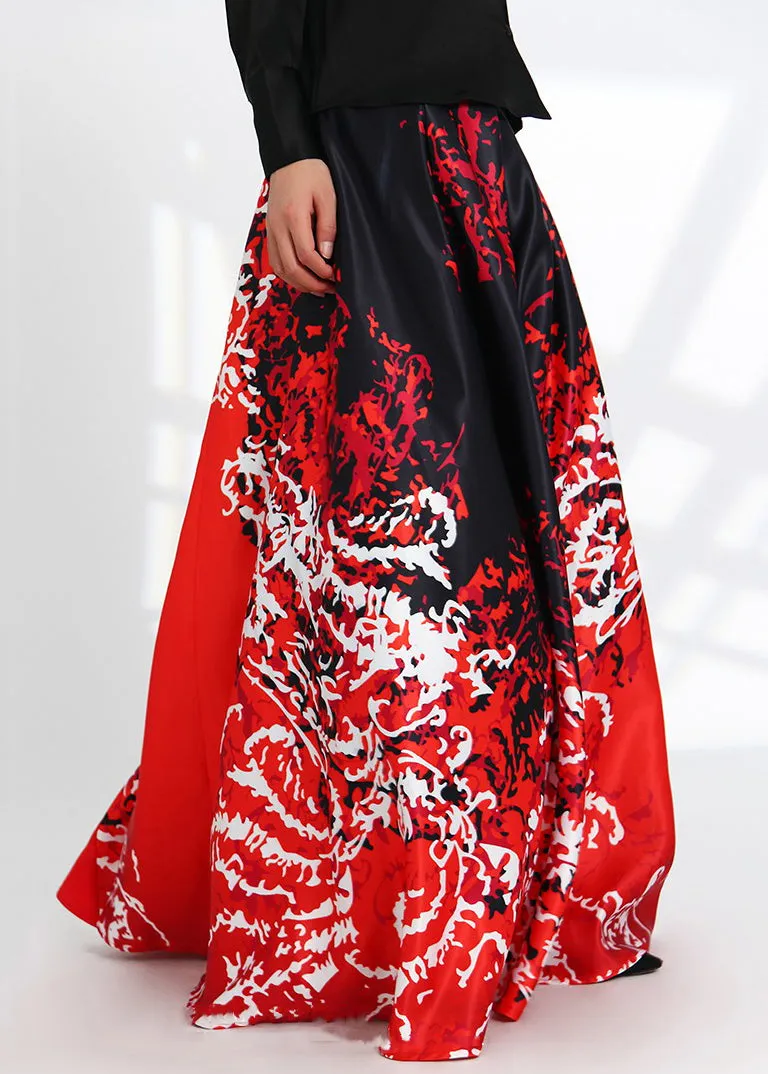 New Red Print Pockets High Waist Silk Skirts Spring AS1051