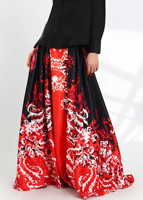 New Red Print Pockets High Waist Silk Skirts Spring AS1051