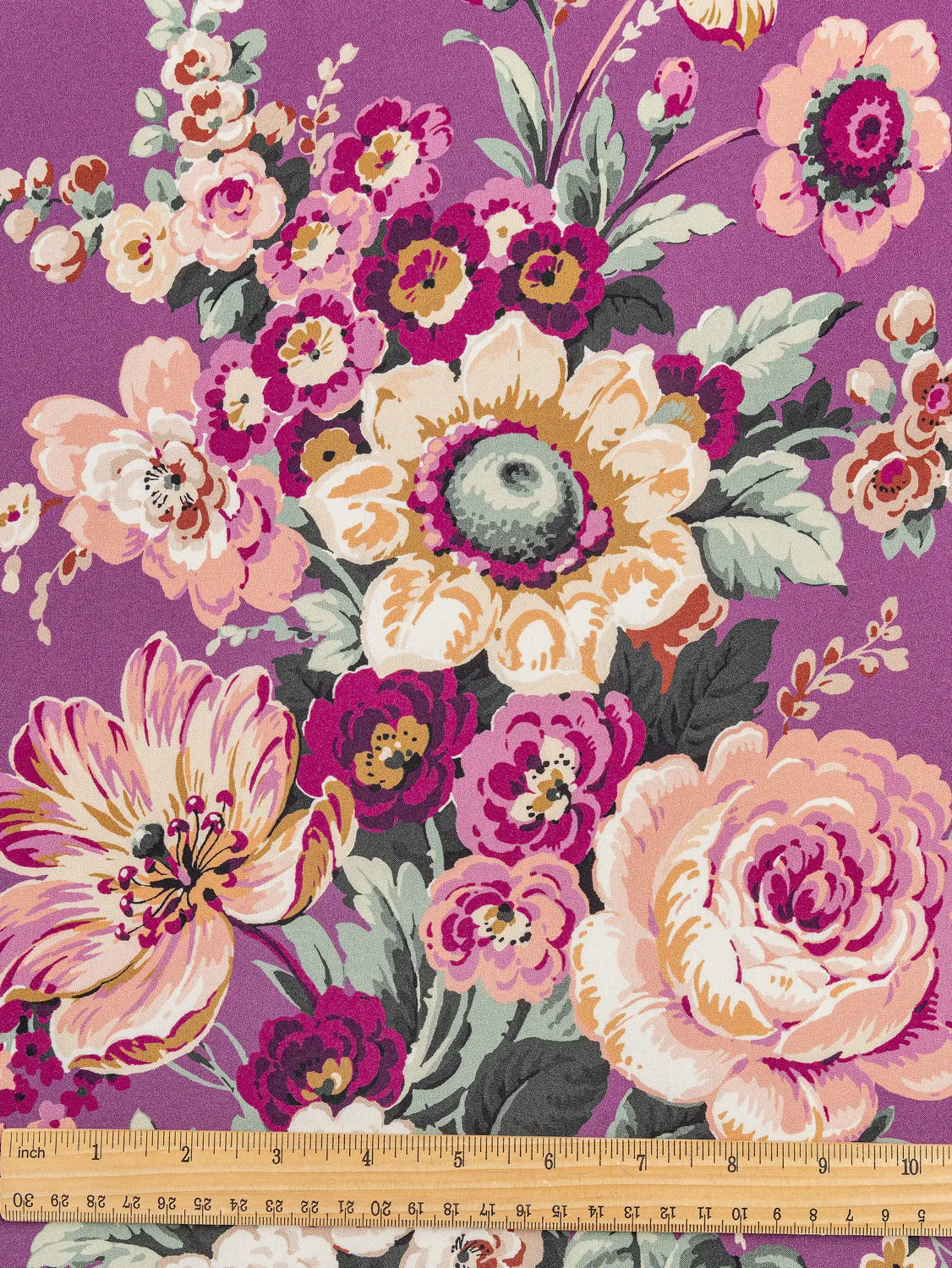 Nostalgic Peony Viscose Floral Print - Purple   Green   Cream - Swatch