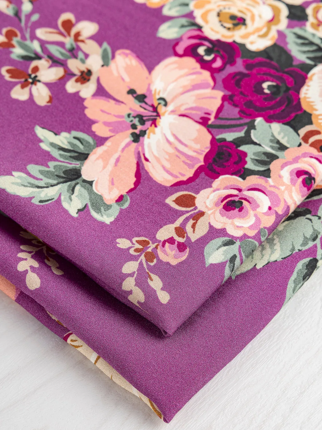 Nostalgic Peony Viscose Floral Print - Purple   Green   Cream - Swatch