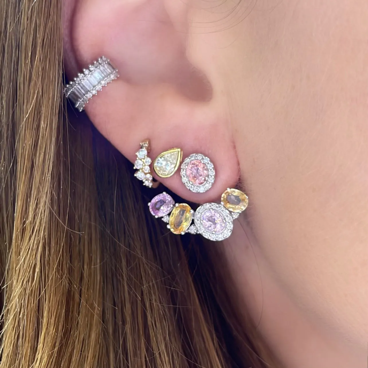 One of A Kind Pastel Pair of Sapphires & Diamond Studs with Accent Ear Jackets