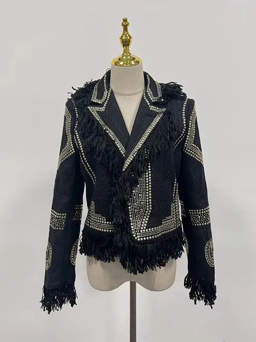 Patchwork Revit spliced Tassel Lapel long Sleeve Chic Jacket