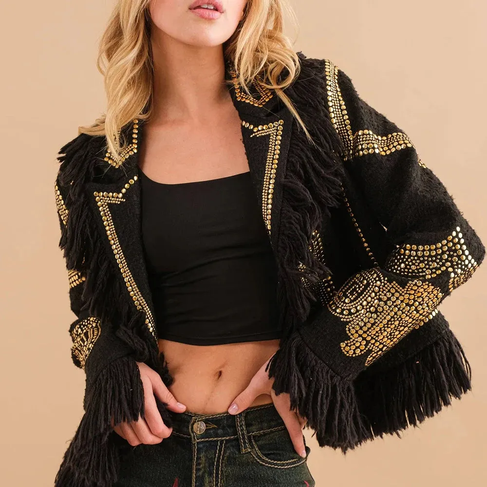 Patchwork Revit spliced Tassel Lapel long Sleeve Chic Jacket