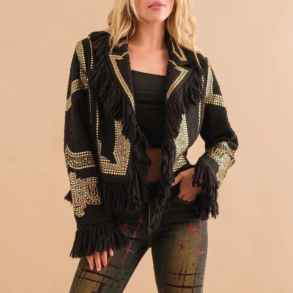 Patchwork Revit spliced Tassel Lapel long Sleeve Chic Jacket