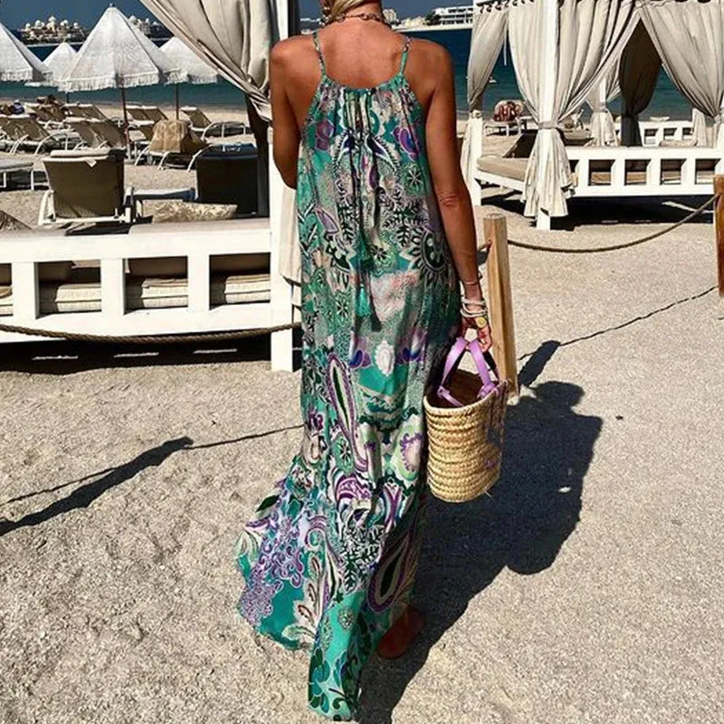 Pattern Print Loose Party Sexy Off Shoulder Hem Sleeveless Halter Beach Floral Elegant Dress